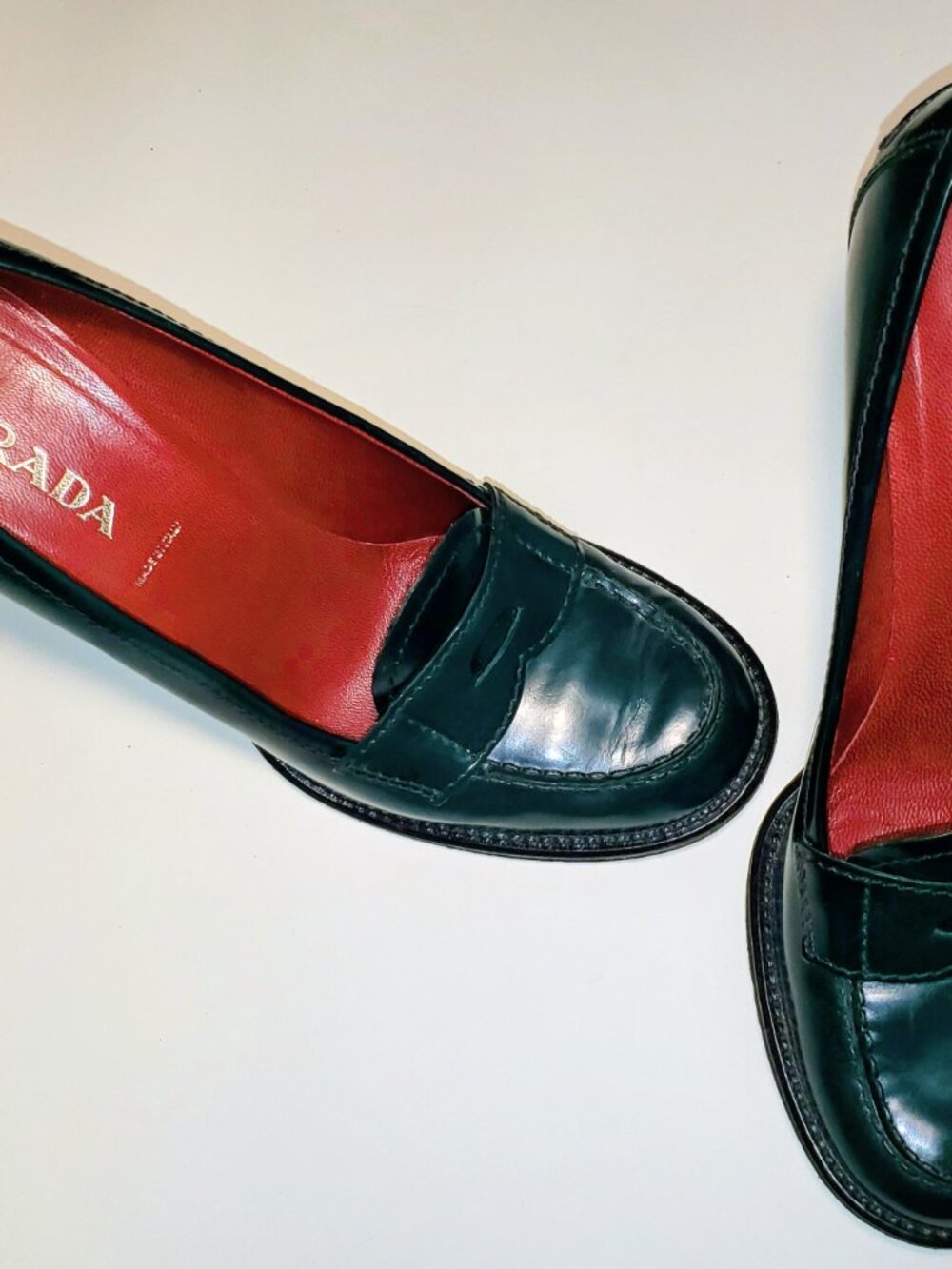 Prada Green Leather Penny Loafer Luxury Heels EU 38 39 US 8.5 Made in Italy - Picture 2 of 11